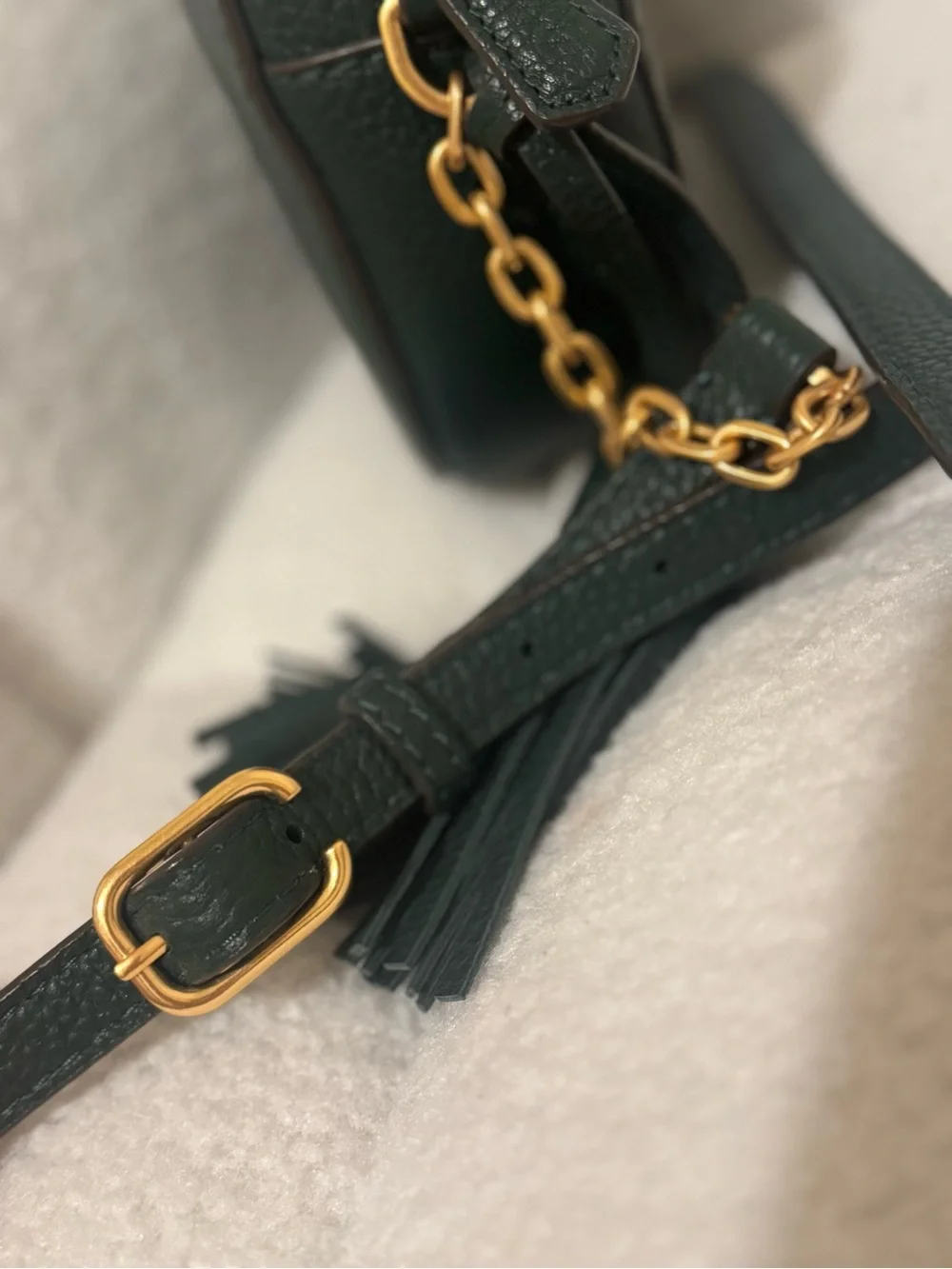 Tory Burch Dark Green Pebbled Leather Crossbody with Gold Chain